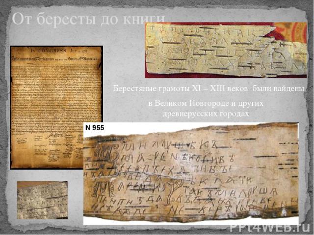 От бересты до книги в Великом Новгороде и других древнерусских городах Берестяные грамоты XI – XIII веков были найдены