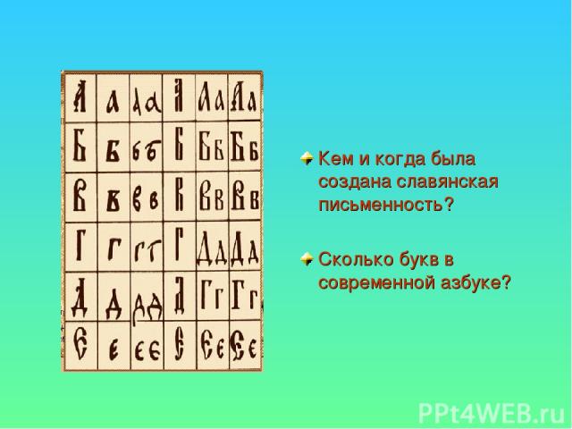 Кем и когда была создана славянская письменность? Сколько букв в современной азбуке?