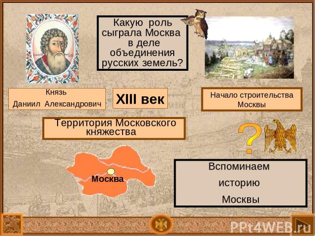Какую роль сыграла Москва в деле объединения русских земель? Территория Московского княжества Москва становится самостоятельным княжеством XIII век Вспоминаем историю Москвы