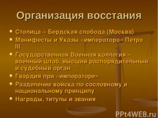 Организация восстания Столица – Бердская слобода (Москва) Манифесты и Указы «имп
