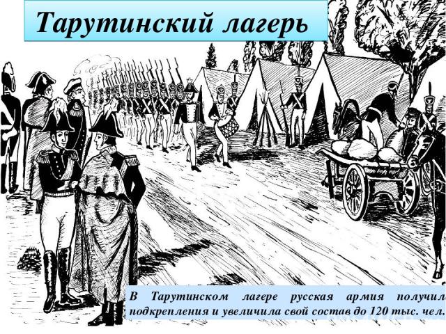 Тарутинский лагерь В Тарутинском лагере русская армия получила подкрепления и увеличила свой состав до 120 тыс. чел.