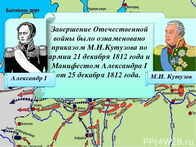 Завершение Отечественной войны было ознаменовано приказом М.И.Кутузова по армии 21 декабря 1812 года и Манифестом Александра I от 25 декабря 1812 года. Александр I М.И. Кутузов