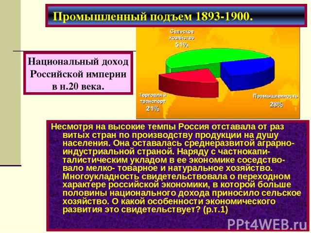 Промышленный подъем 1893-1900. Несмотря на высокие темпы Россия отставала от раз витых стран по производству продукции на душу населения. Она оставалась среднеразвитой аграрно-индустриальной страной. Наряду с частнокапи-талистическим укладом в ее эк…