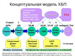 Концептуальная модель ХБП Смерть Норма Повыш. риск Пора- жение GFR National Kidn