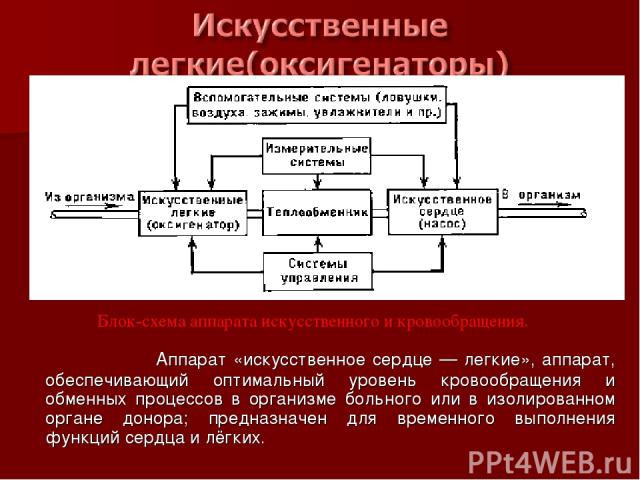 Аппарат «искусственное сердце — легкие», аппарат, обеспечивающий оптимальный уровень кровообращения и обменных процессов в организме больного или в изолированном органе донора; предназначен для временного выполнения функций сердца и лёгких. Блок-схе…