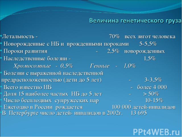 Летальность - 70% всех зигот человека Новорожденные с НБ и врожденными пороками 5-5,5% Пороки развития - 2,5% новорожденных Наследственные болезни - 1,5% Хромосомные - 0,5% Генные - 1,0% Болезни с выраженной наследственной предрасположенностью (дети…