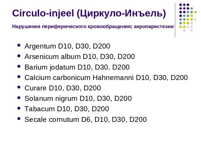 Circulo-injeel (Циркуло-Инъель) Нарушения периферического кровообращения; акропарестезии Argentum D10, D30, D200 Arsenicum album D10, D30, D200 Barium jodatum D10, D30, D200 Calcium carbonicum Hahnemanni D10, D30, D200 Curare D10, D30, D200 Solanum …