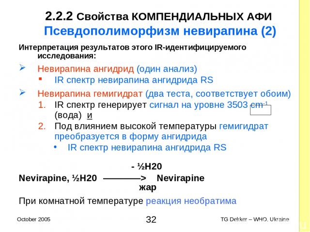 2.2.2 Свойства КОМПЕНДИАЛЬНЫХ AФИ Псевдополиморфизм невирапина (2) Интерпретация результатов этого IR-идентифицируемого исследования: Невирапина ангидрид (один анализ) IR спектр невирапина ангидрида RS Невирапина гемигидрат (два теста, соответствует…