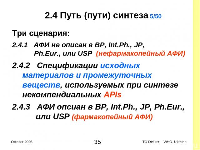 2.4 Путь (пути) синтеза 5/50 Три сценария: 2.4.1 AФИ не описан в BP, Int.Ph., JP, Ph.Eur., или USP (нефармакопейный AФИ) 2.4.2 Спецификации исходных материалов и промежуточных веществ, используемых при синтезе некомпендиальных APIs 2.4.3 AФИ опсиан …