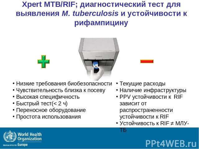 Xpert MTB/RIF; диагностический тест для выявления M. tuberculosis и устойчивости к рифампицину Низкие требования биобезопасности Чувствительность близка к посеву Высокая специфичность Быстрый тест(< 2 ч) Переносное оборудование Простота использовани…