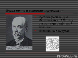 Зарождение и развитие вирусологии Русский учёный Д.И. Ивановский в 1892 году отк