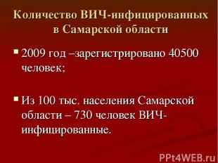 Количество ВИЧ-инфицированных в Самарской области 2009 год –зарегистрировано 405