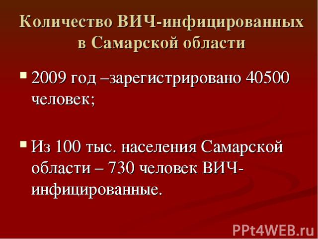 Количество ВИЧ-инфицированных в Самарской области 2009 год –зарегистрировано 40500 человек; Из 100 тыс. населения Самарской области – 730 человек ВИЧ-инфицированные.