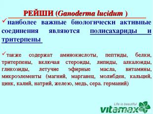 РЕЙШИ (Ganoderma lucidum ) наиболее важные биологически активные соединения явля