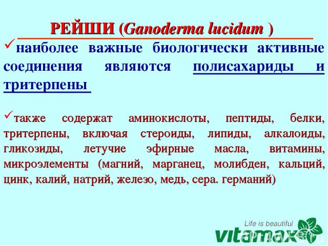 РЕЙШИ (Ganoderma lucidum ) наиболее важные биологически активные соединения являются полисахариды и тритерпены также содержат аминокислоты, пептиды, белки, тритерпены, включая стероиды, липиды, алкалоиды, гликозиды, летучие эфирные масла, витамины, …