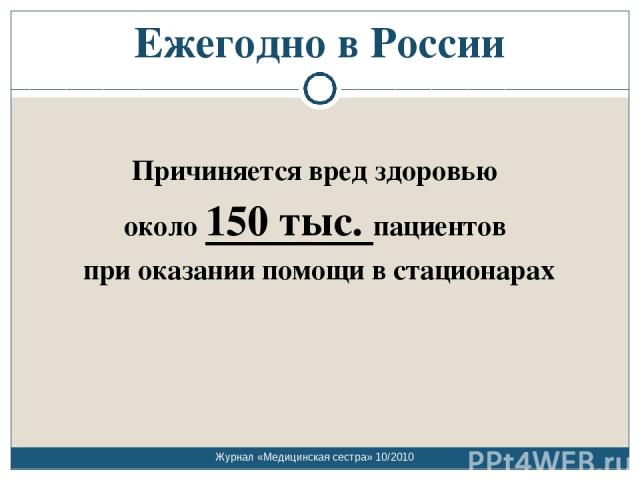 Ежегодно в России Причиняется вред здоровью около 150 тыс. пациентов при оказании помощи в стационарах Журнал «Медицинская сестра» 10/2010