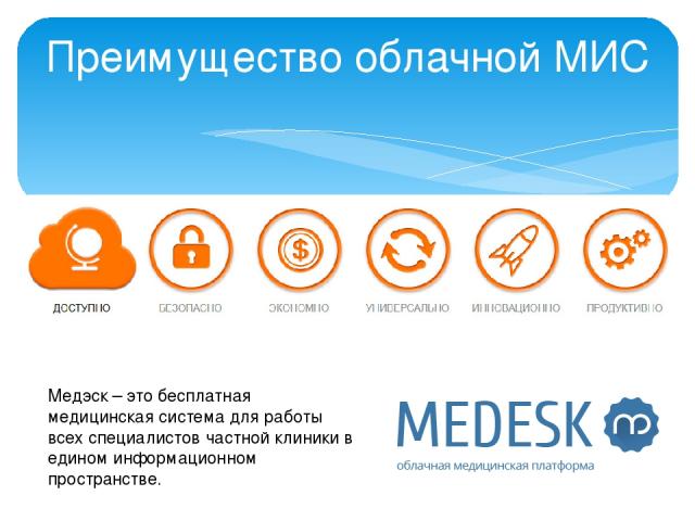 Преимущество облачной МИС Медэск – это бесплатная медицинская система для работы всех специалистов частной клиники в едином информационном пространстве.