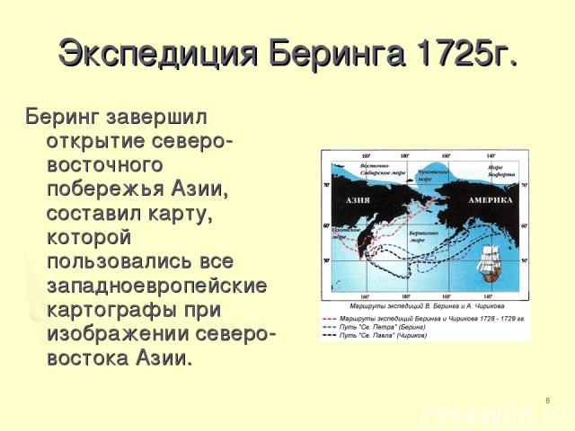 * Экспедиция Беринга 1725г. Беринг завершил открытие северо-восточного побережья Азии, составил карту, которой пользовались все западноевропейские картографы при изображении северо-востока Азии.