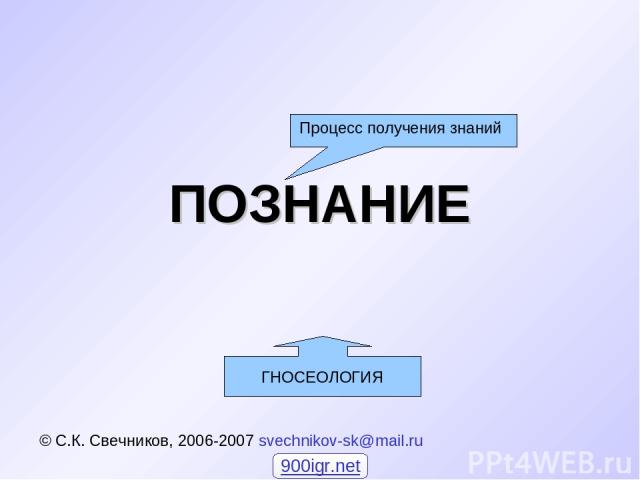 ПОЗНАНИЕ © С.К. Свечников, 2006-2007 svechnikov-sk@mail.ru Процесс получения знаний ГНОСЕОЛОГИЯ 900igr.net