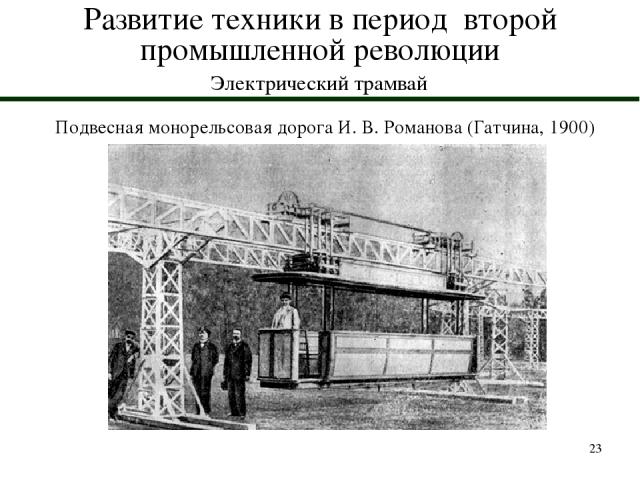 * Развитие техники в период второй промышленной революции Электрический трамвай Подвесная монорельсовая дорога И. В. Романова (Гатчина, 1900)