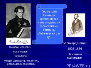 Бернхард Риман 1826-1866 Немецкий математик Николай Иванович Лобачевский 1792-18