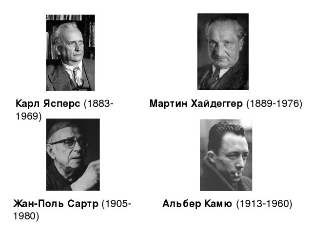 Карл Ясперс (1883-1969) Жан-Поль Сартр (1905-1980) Мартин Хайдеггер (1889-1976) Альбер Камю (1913-1960)