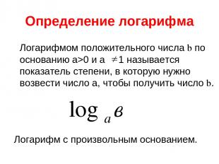 Определение логарифма Логарифмом положительного числа b по основанию а>0 и а 1 н