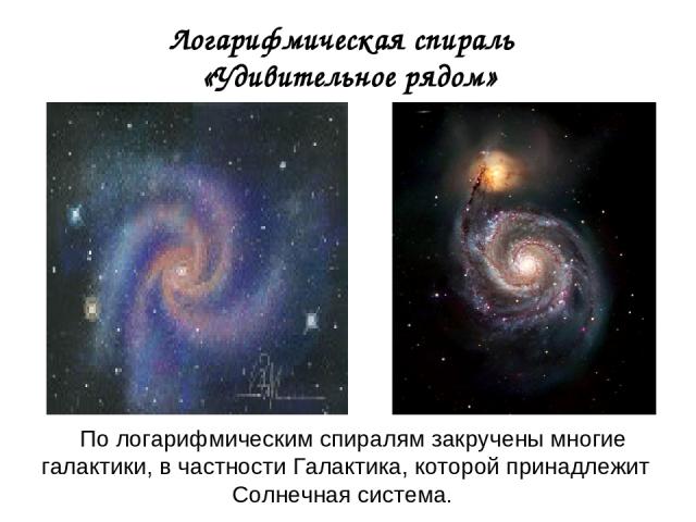 Логарифмическая спираль «Удивительное рядом» По логарифмическим спиралям закручены многие галактики, в частности Галактика, которой принадлежит Солнечная система.