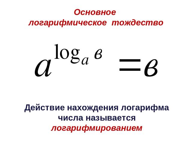 Основное логарифмическое тождество Действие нахождения логарифма числа называется логарифмированием