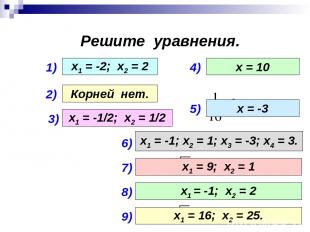 Решите уравнения. 1) 2) 3) 4) 5) х1 = -2; х2 = 2 Корней нет. х1 = -1/2; х2 = 1/2