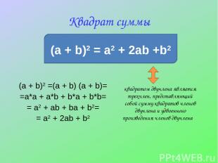Квадрат суммы (a + b)2 = a2 + 2ab +b2 (a + b)2 =(a + b) (a + b)= =a*a + a*b + b*