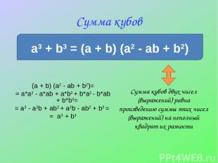 Сумма кубов a3 + b3 = (a + b) (a2 - ab + b2) (a + b) (a2 - ab + b2)= = a*a2 - a*