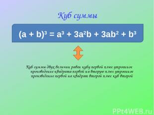 Куб суммы (a + b)3 = a3 + 3a2b + 3ab2 + b3 Куб суммы двух величин равен кубу пер