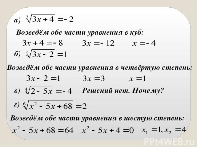 Возведём обе части уравнения в куб: а) б) Возведём обе части уравнения в четвёртую степень: в) Решений нет. Почему? г) Возведём обе части уравнения в шестую степень: