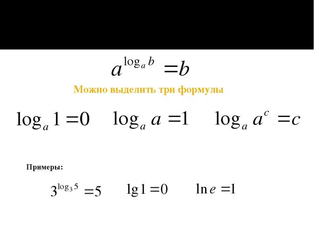 Можно выделить три формулы Из определения логарифма следует следующее тождество: Примеры: