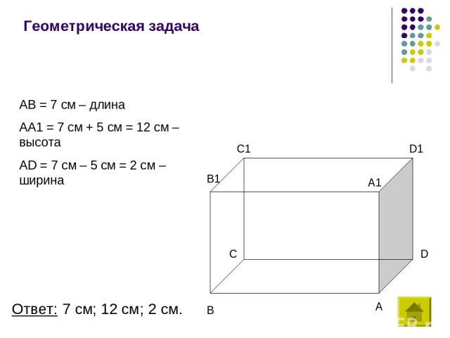 Геометрическая задача AB = 7 см – длина AA1 = 7 см + 5 см = 12 см – высота AD = 7 см – 5 см = 2 см – ширина A B C D B1 A1 C1 D1 Ответ: 7 см; 12 см; 2 см.