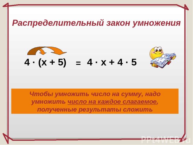 4 · (x + 5) = 4 · x + 4 · 5 Распределительный закон умножения Чтобы умножить число на сумму, надо умножить число на каждое слагаемое, полученные результаты сложить