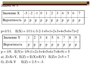 Задача № 3. р=1/11. Е(Х) = 1/11·(-3-2-1+0+1+2+3+4+5+6+7)=2 р = 1/9. Е(Y)= 1/9·(1