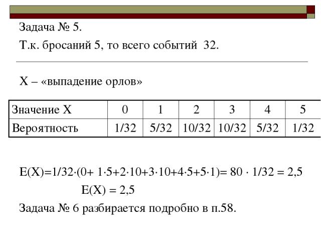 Задача № 5. Т.к. бросаний 5, то всего событий 32. Х – «выпадение орлов» Е(Х)=1/32·(0+ 1·5+2·10+3·10+4·5+5·1)= 80 · 1/32 = 2,5 Е(Х) = 2,5 Задача № 6 разбирается подробно в п.58. Значение Х 0 1 2 3 4 5 Вероятность 1/32 5/32 10/32 10/32 5/32 1/32
