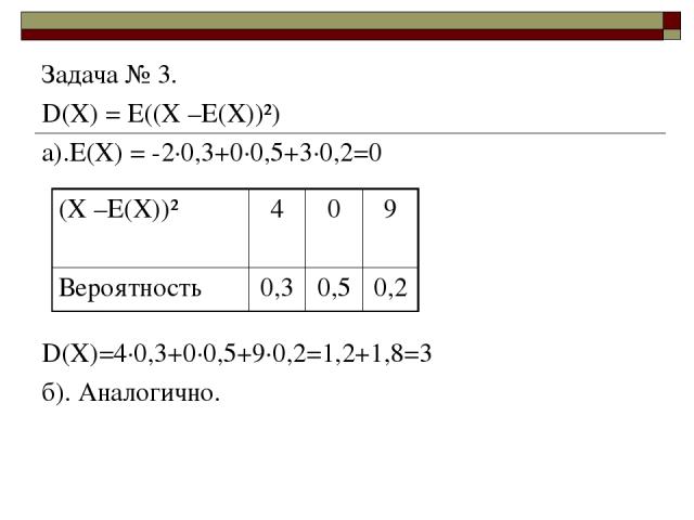 Задача № 3. D(X) = E((Х –Е(Х))²) а).Е(Х) = -2·0,3+0·0,5+3·0,2=0 D(X)=4·0,3+0·0,5+9·0,2=1,2+1,8=3 б). Аналогично. (Х –Е(Х))² 4 0 9 Вероятность 0,3 0,5 0,2
