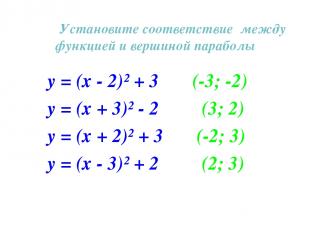 Установите соответствие между функцией и вершиной параболы у = (х - 2)² + 3 (-3;