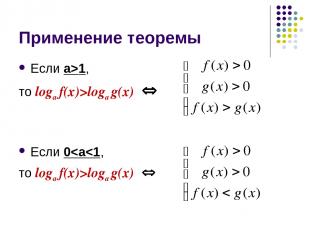 Применение теоремы Если а>1, то logа f(x)>logа g(x) Если 0