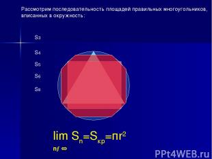 lim Sn=Sкр=пr2 n→∞ Рассмотрим последовательность площадей правильных многоугольн
