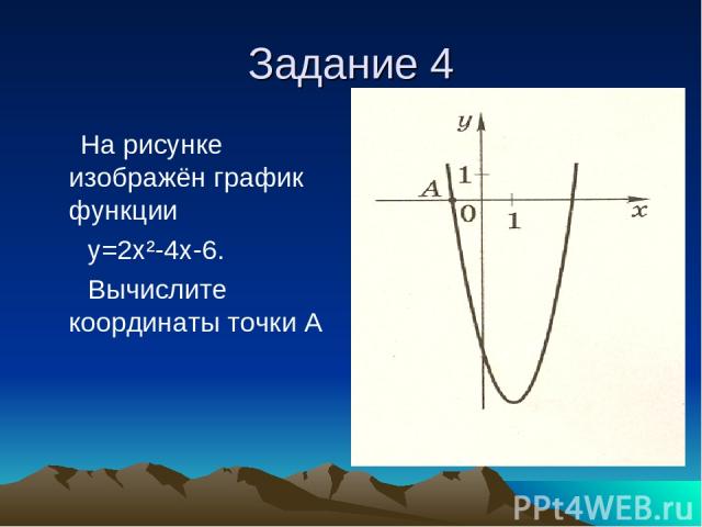 Задание 4 На рисунке изображён график функции у=2х²-4х-6. Вычислите координаты точки А