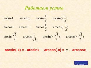 Работаем устно Содержание arcsin(-x) = - arcsinx arccos(-x) = - arccosx