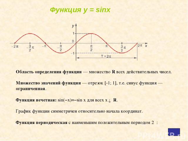 Область определения функции — множество R всех действительных чисел. Множество значений функции — отрезок [-1; 1], т.е. синус функция — ограниченная. Функция нечетная: sin(−x)=−sin x для всех х ∈ R. График функции симметричен относительно начала коо…