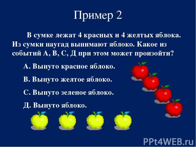 Пример 2 В сумке лежат 4 красных и 4 желтых яблока. Из сумки наугад вынимают яблоко. Какое из событий А, В, С, Д при этом может произойти?       А. Вынуто красное яблоко.       В. Вынуто желтое яблоко.       С. Вынуто зеленое яблоко.       Д. Вынуто…