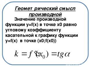Геометрический смысл производной Значение производной функции y=f(х) в точке х0