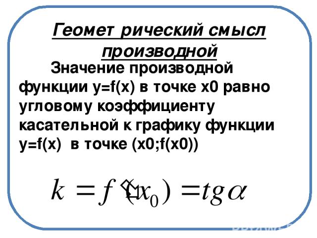 Геометрический смысл производной Значение производной функции y=f(х) в точке х0 равно угловому коэффициенту касательной к графику функции y=f(х) в точке (х0;f(x0))