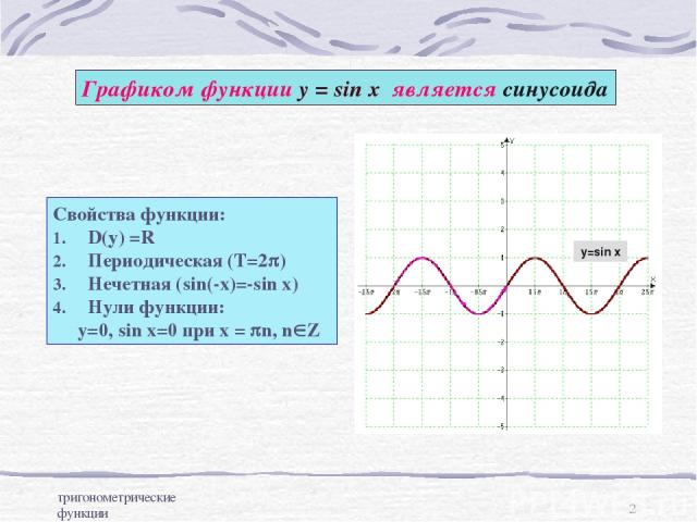тригонометрические функции * Графиком функции у = sin x является синусоида Свойства функции: D(y) =R Периодическая (Т=2p) Нечетная (sin(-x)=-sin x) Нули функции: у=0, sin x=0 при х = pn, nÎZ y=sin x
